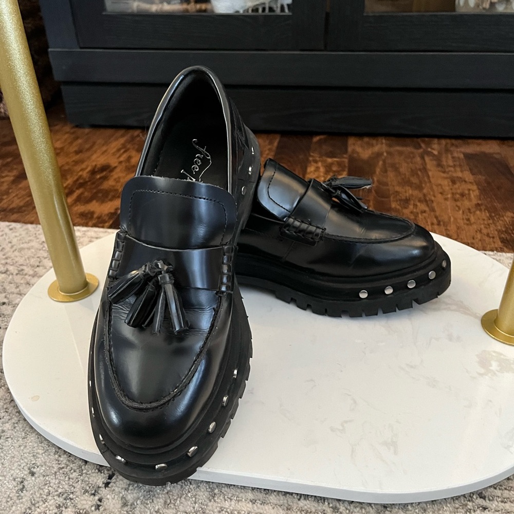 Free People Glossy Black Tassel Loafers